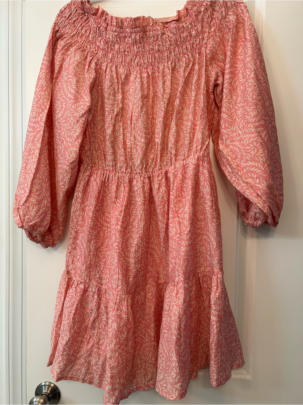 H&M Pink Smocked Off-Shoulder Tiered Midi Dress